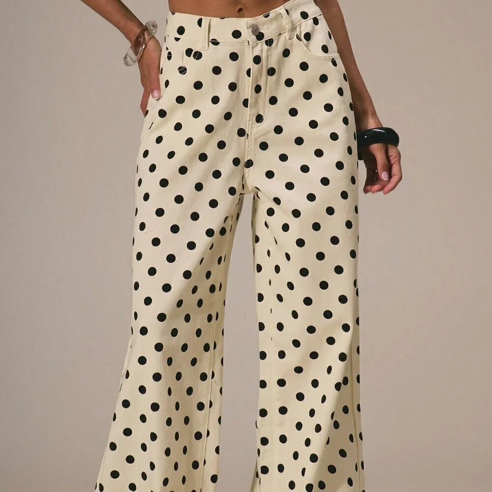 Beige Casual Women's Dainty Polka Dot Denim Straight Leg Mid Rise pants